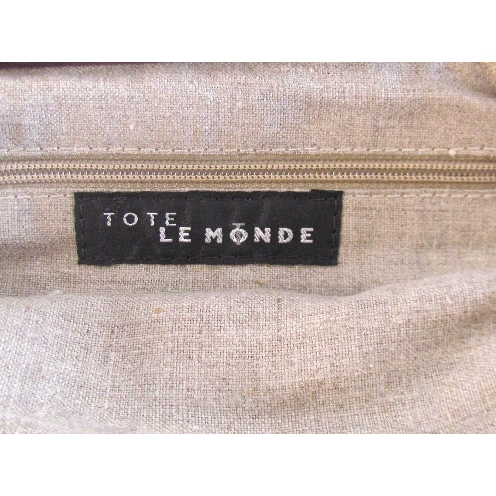 DESIGNER TOTE LE MONDE TAN CROCHET BROWN WOOD DOUBLE HANDLES BUTTON CLOSURE BAG - Picture 13 of 16